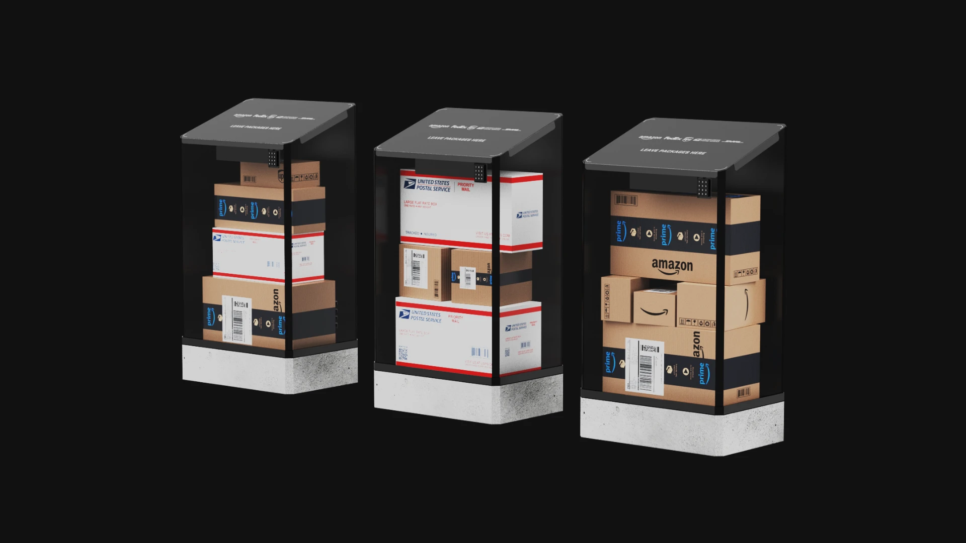 Three SG-1 safes filled with Amazon, USPS and FedEx parcels