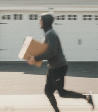A hooded thief running off with a stolen package from a residential driveway